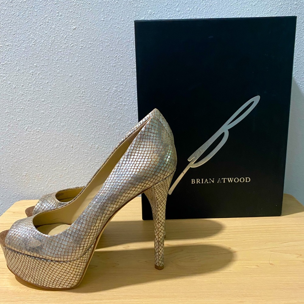 Brian Atwood Grey/ Silver Snake Pumps